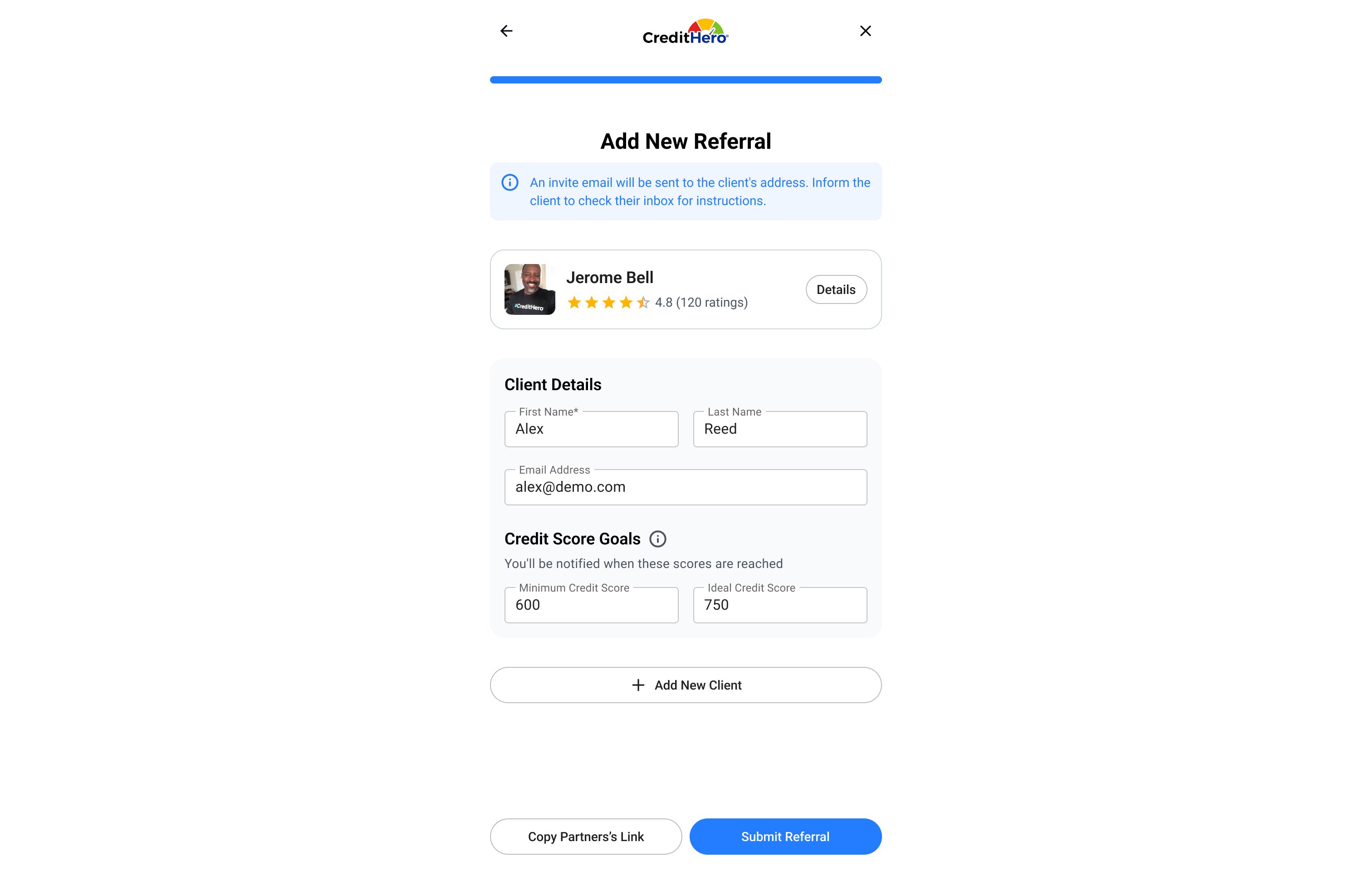 CreditHero — Affiliate Add New Referral screen
