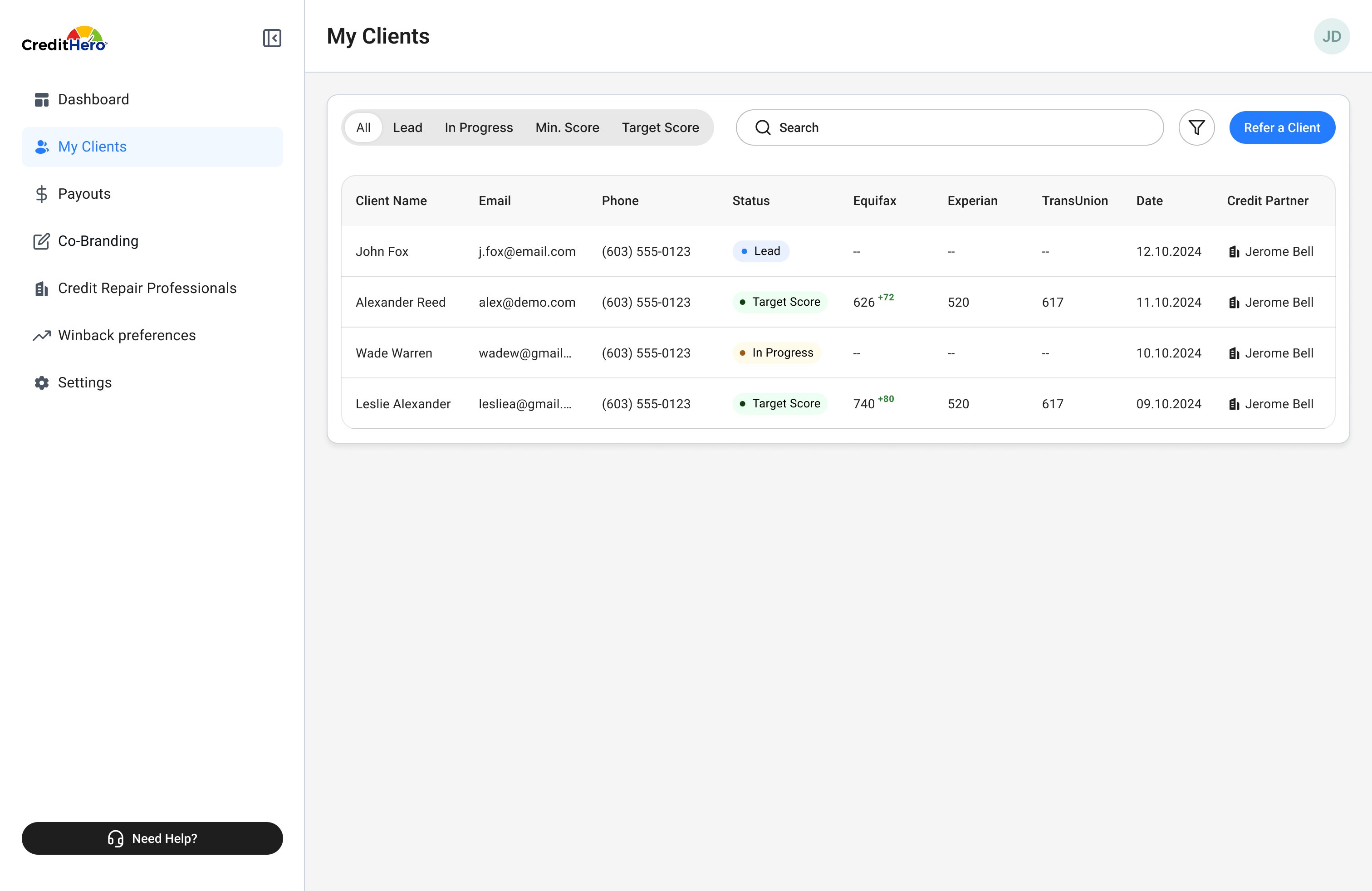 CreditHero — Affiliate Clients screen