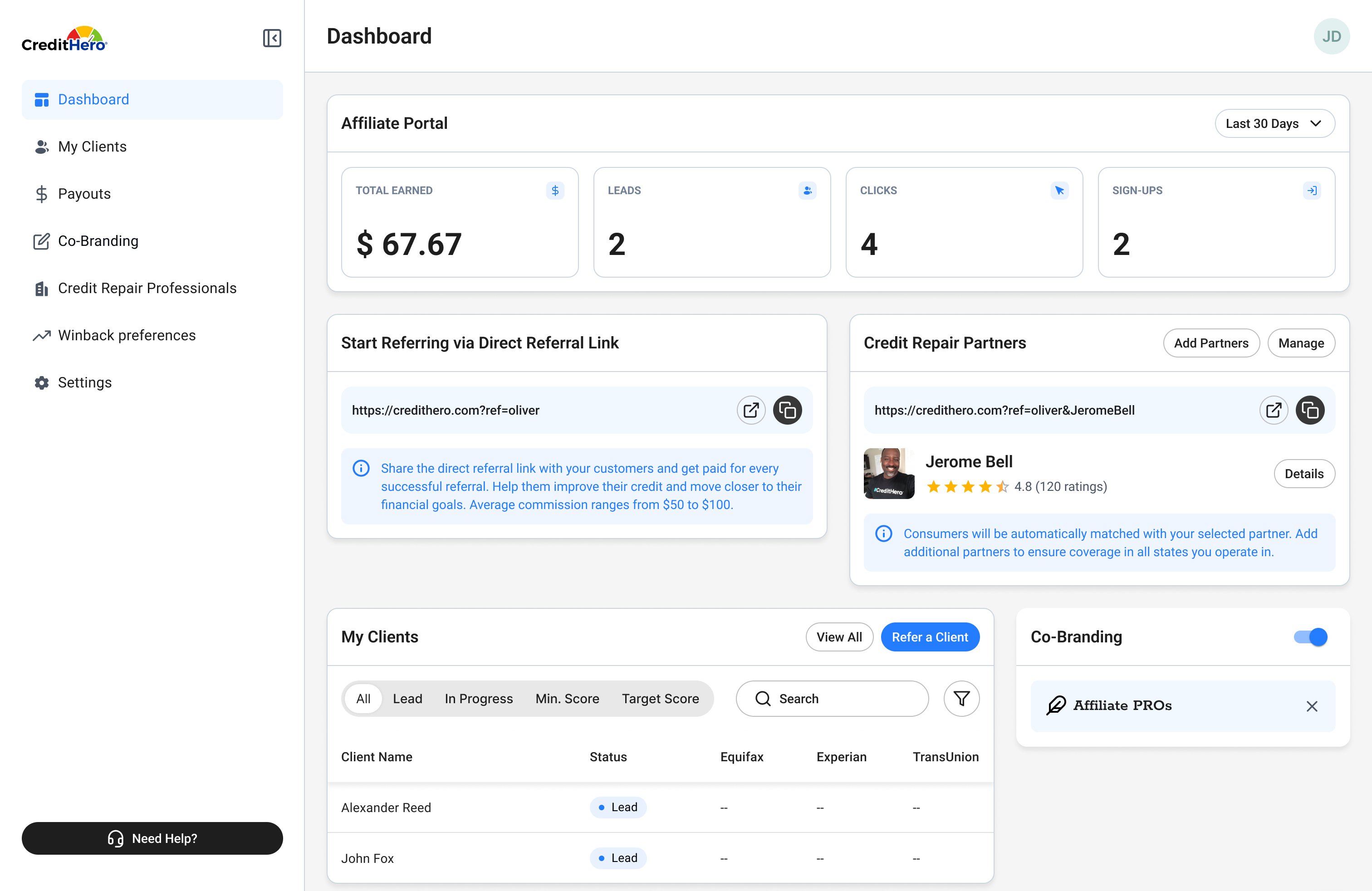 CreditHero — Affiliate Dashboard screen