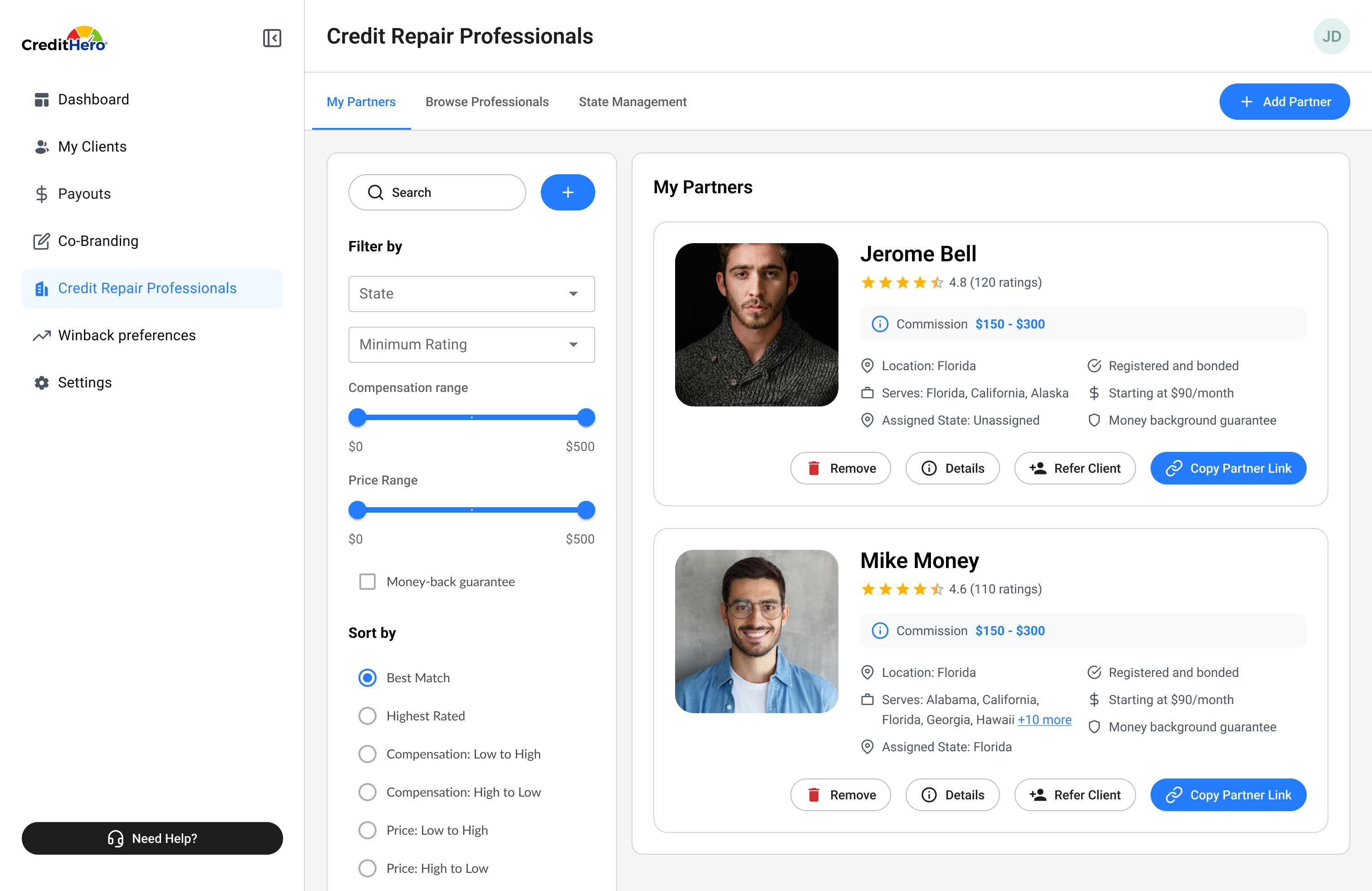 CreditHero — Affiliate Partners screen