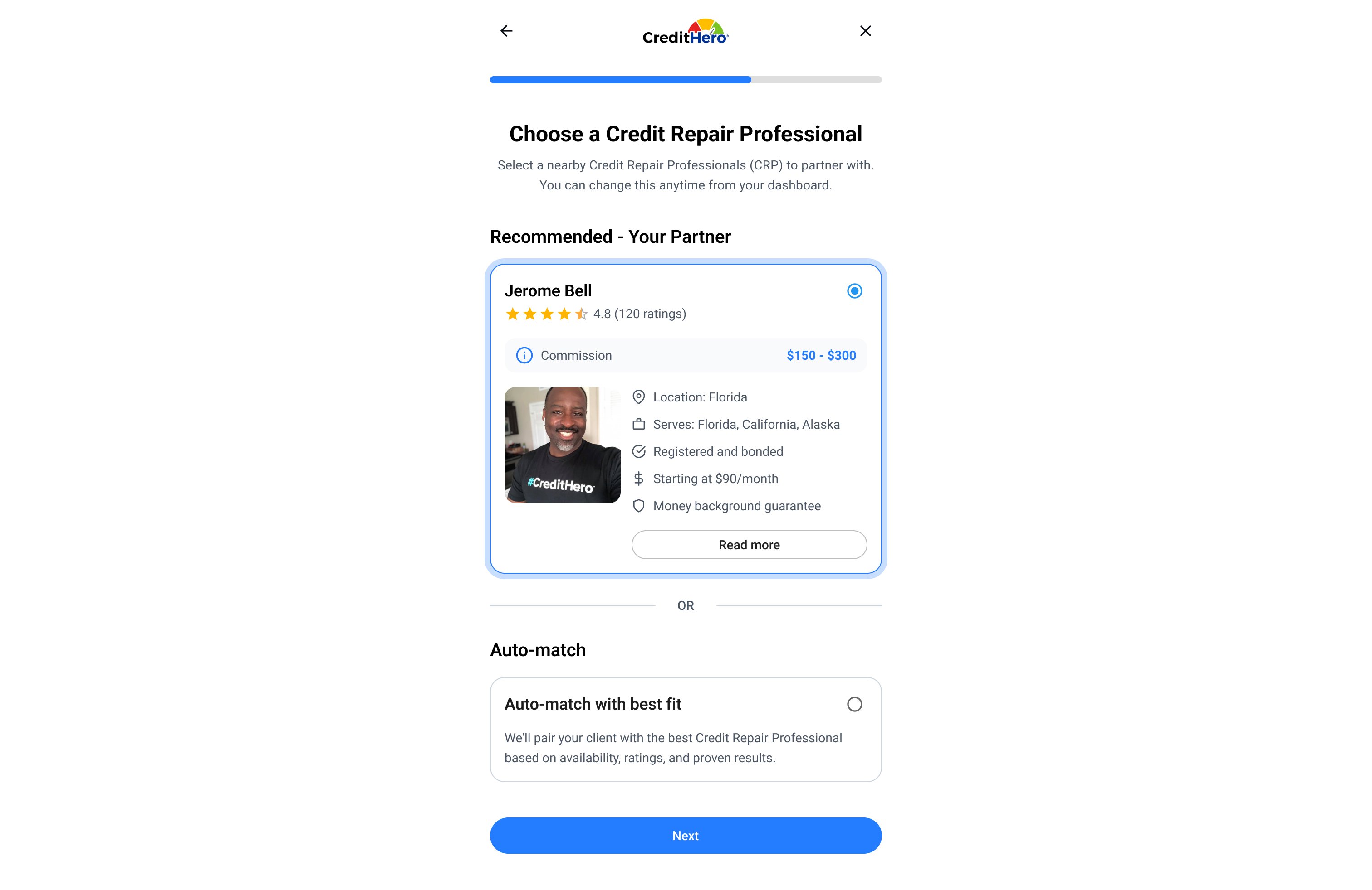 CreditHero — Affiliate Select Partner screen