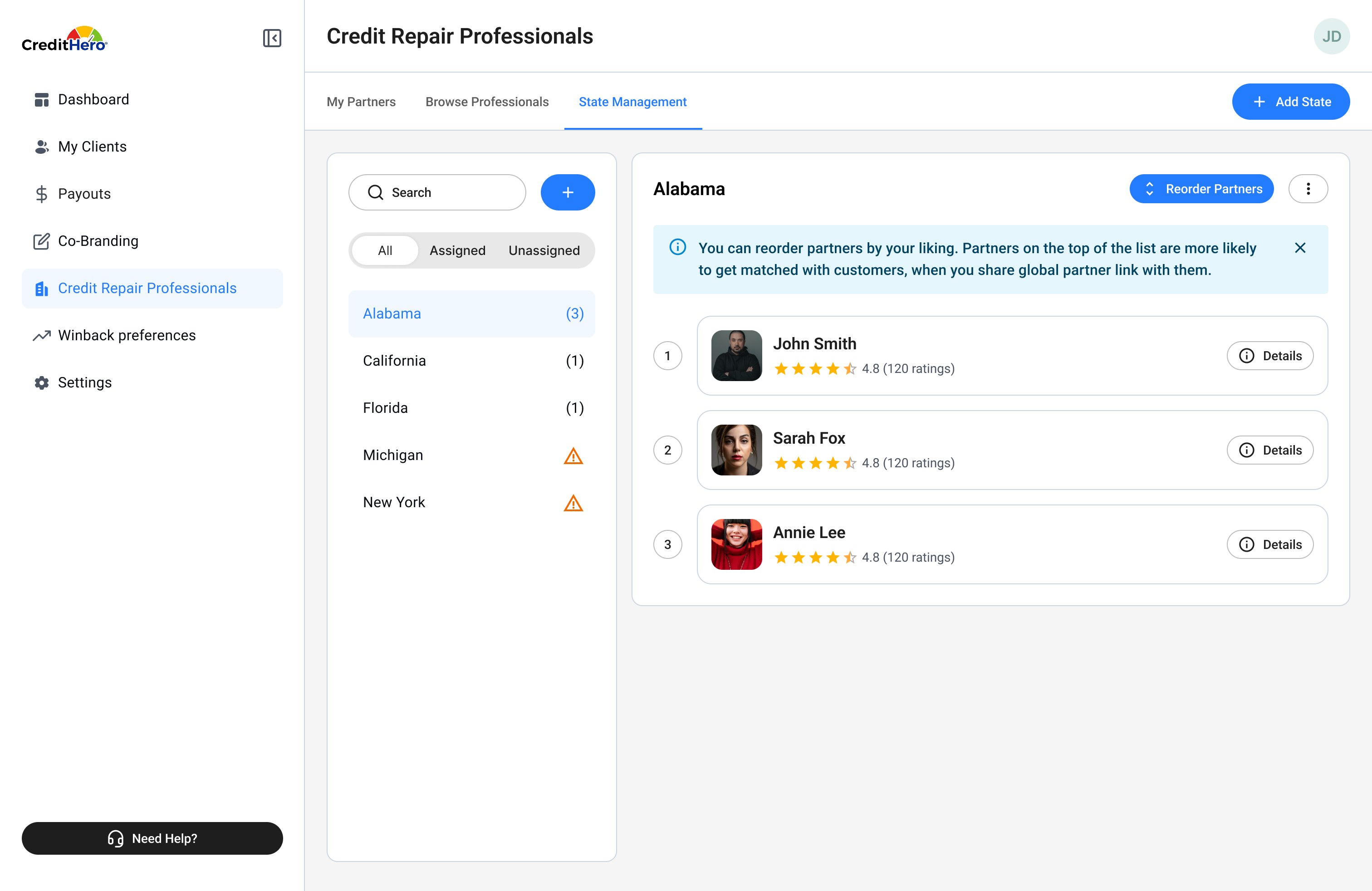 CreditHero — Affiliate State Management screen