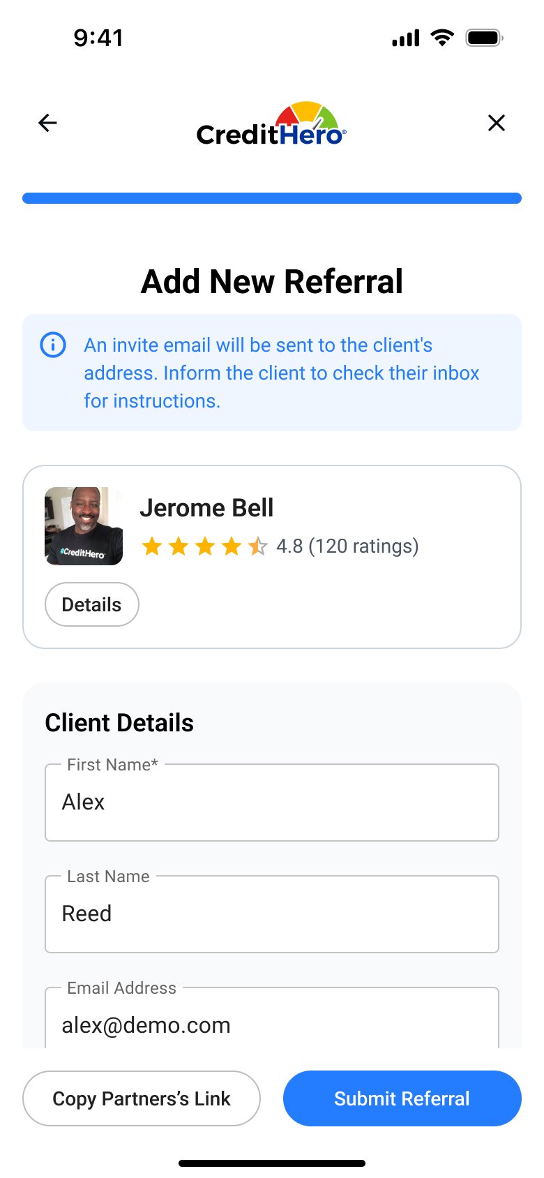 CreditHero — Add New Referral mobile screen