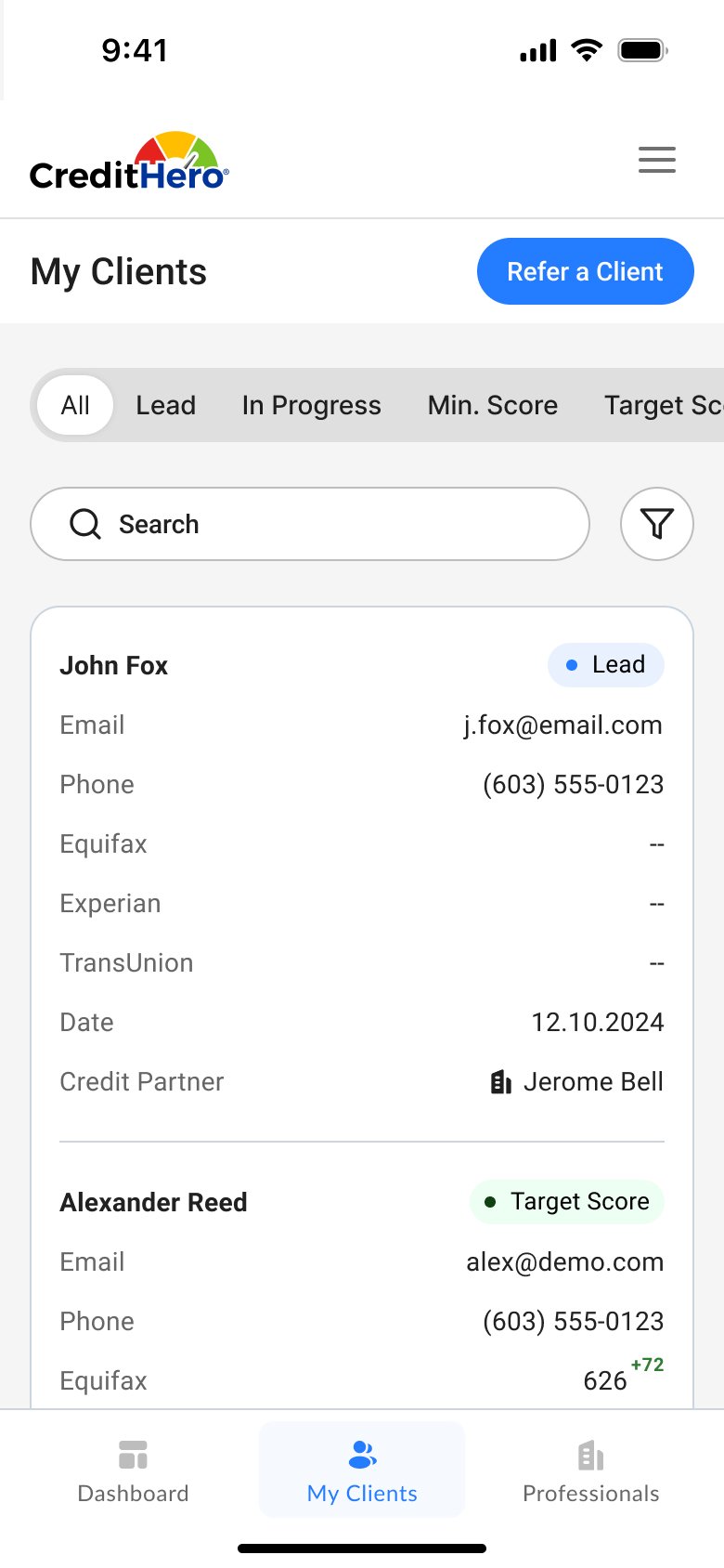 CreditHero — My Clients mobile screen