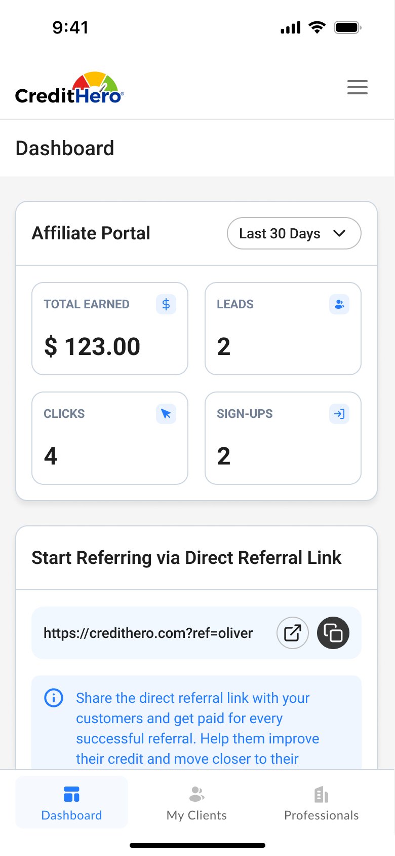 CreditHero — Dashboard mobile screen