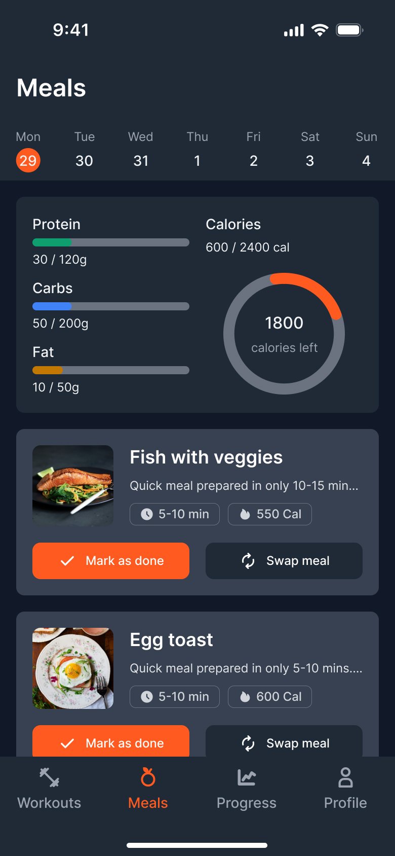 FitNutri AI — Meals mobile screen