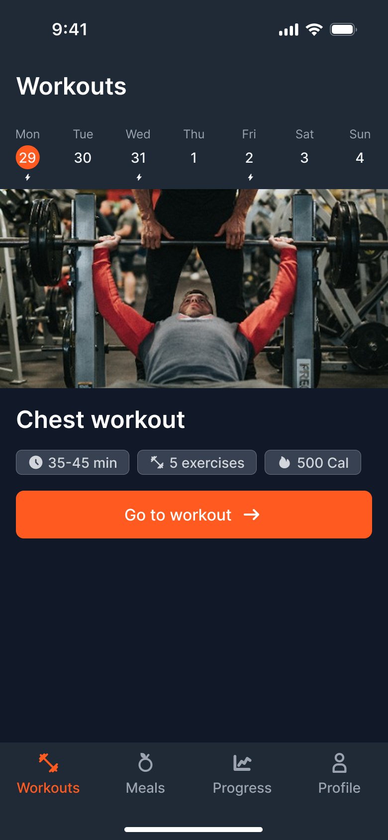 FitNutri AI — Workouts mobile screen