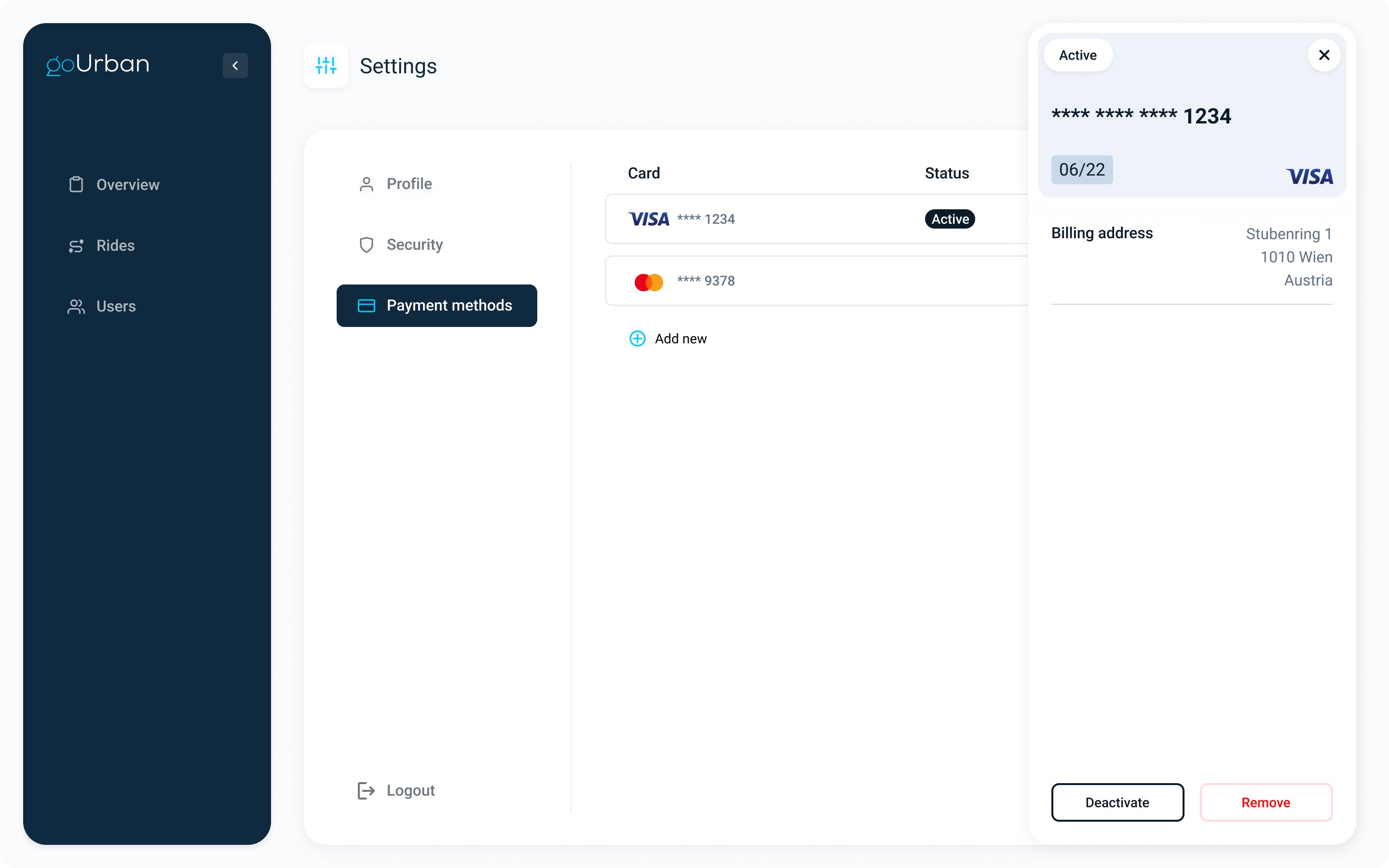 goUrban — Payment Method screen