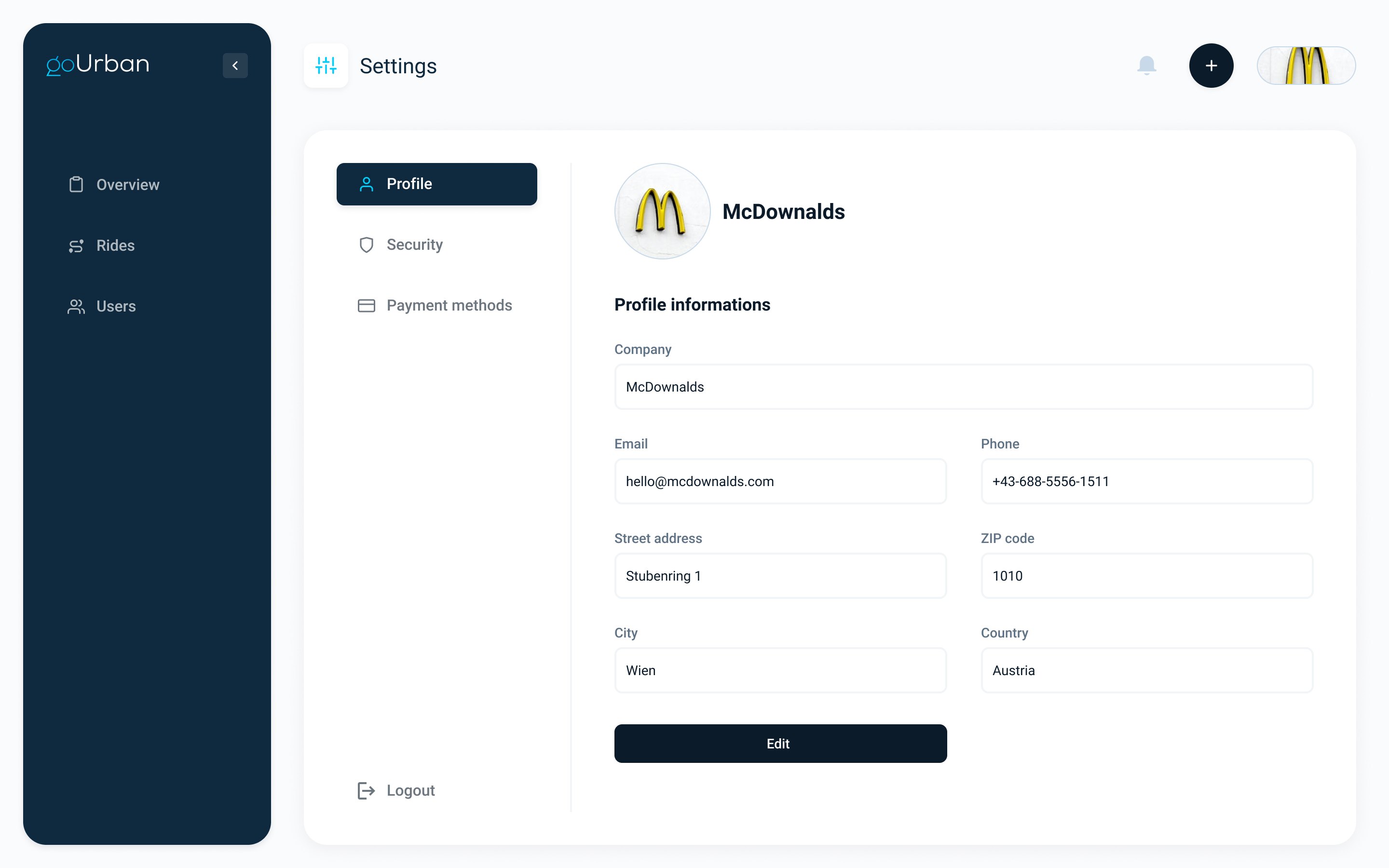 goUrban — Profile screen