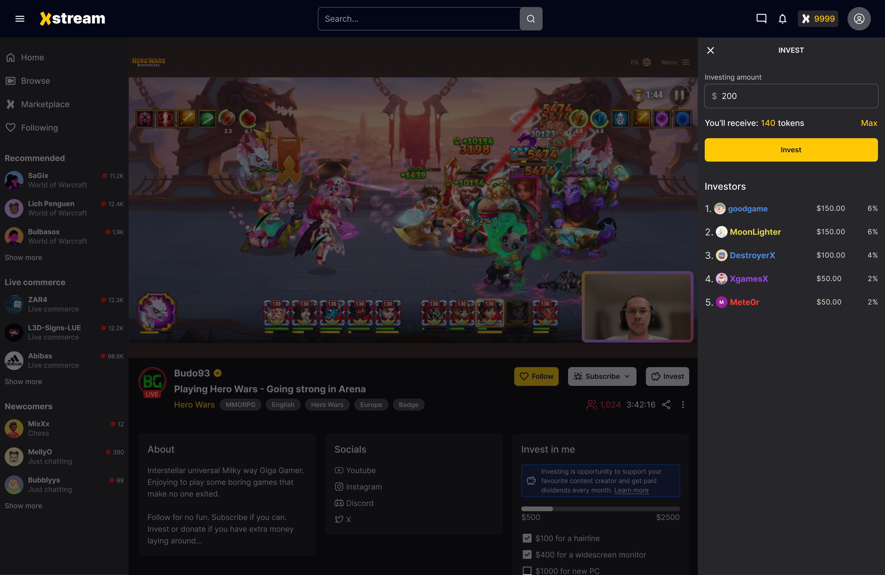 xStream.social — Invest screen