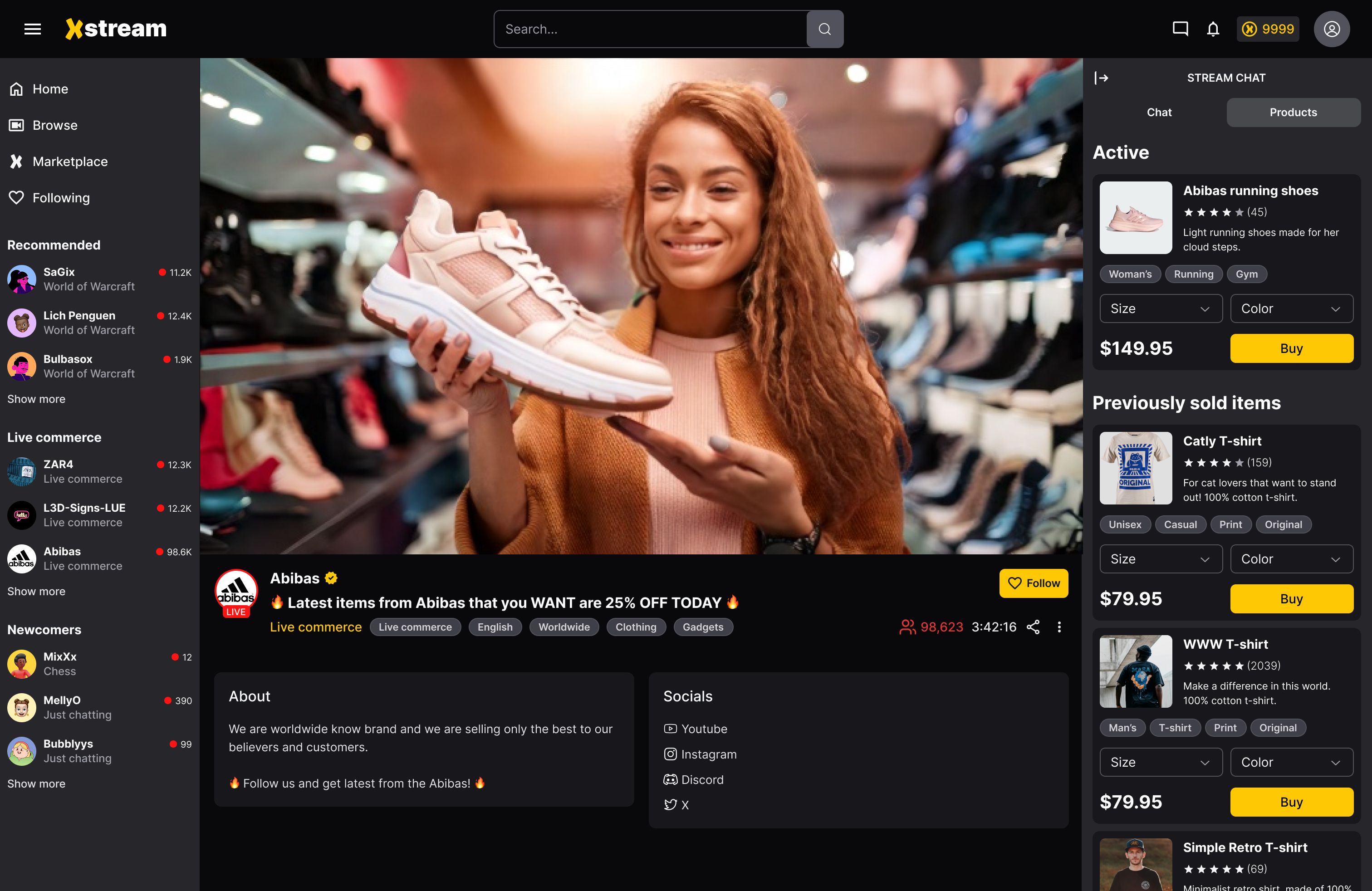 xStream.social — Live Commerce Products screen